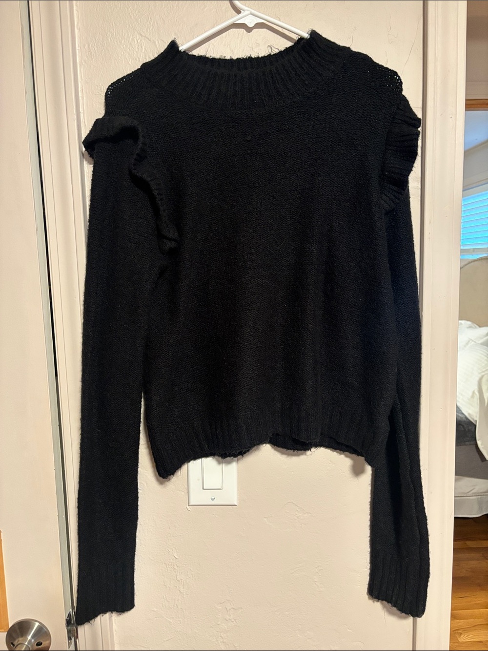 wild fable Black Ruffle-Shoulder Crewneck Sweater